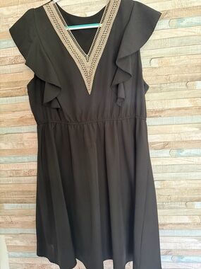 SHEIN Black Midi Dress with Cream Crochet V-Neck